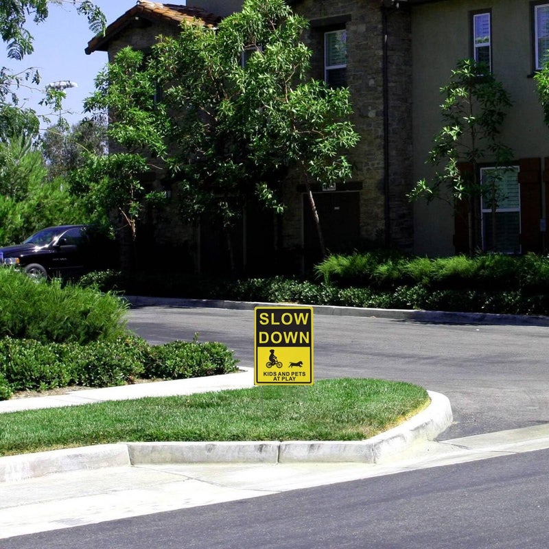 Kichwit Slow Down Kids and Pets at Play Yard Signs with Metal Stakes, 16 x 12 Inches/25.7 Inch High, 2 Pack Double Sided Children at Play Safety Signs for Street - Image 4